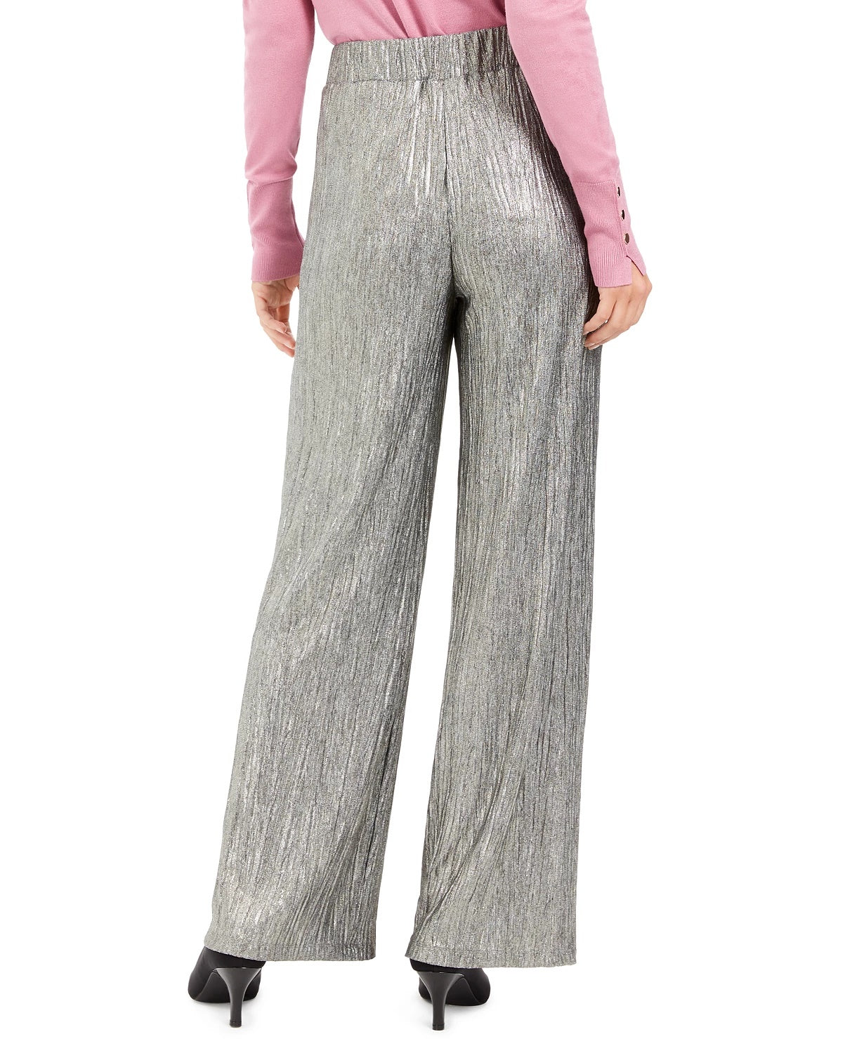 Calça feminina amassada metálica JM Collection, amarela, tamanho grande