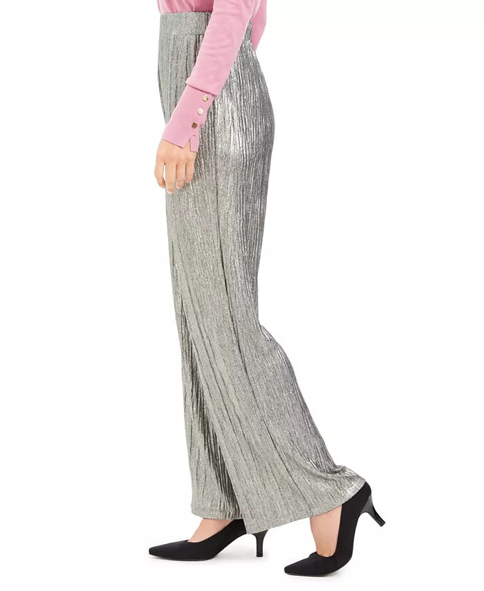 Calça feminina amassada metálica JM Collection, amarela, tamanho grande