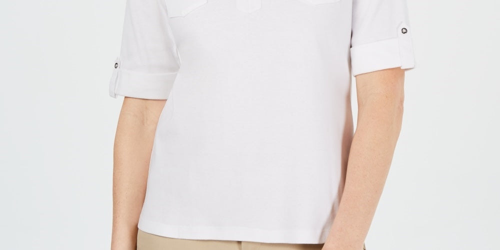 Karen Scott Blusa Feminina de Algodão com Gola Johnny, Branca, Tamanho P