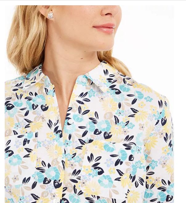 Camisa feminina de algodão com estampa floral Charter Club, branca, tamanho X-S