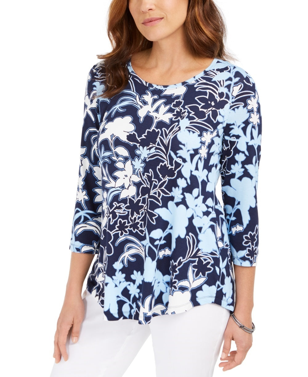 Camiseta estampada feminina JM Collection azul tamanho médio