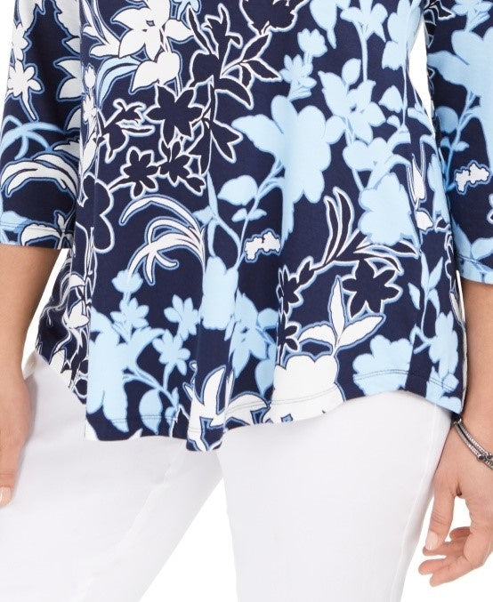 Camiseta estampada feminina JM Collection azul tamanho médio