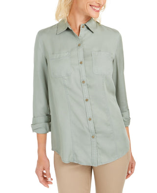 Charter Club Women's Woven Solid Tencel Shirt  Green Size XX-Large