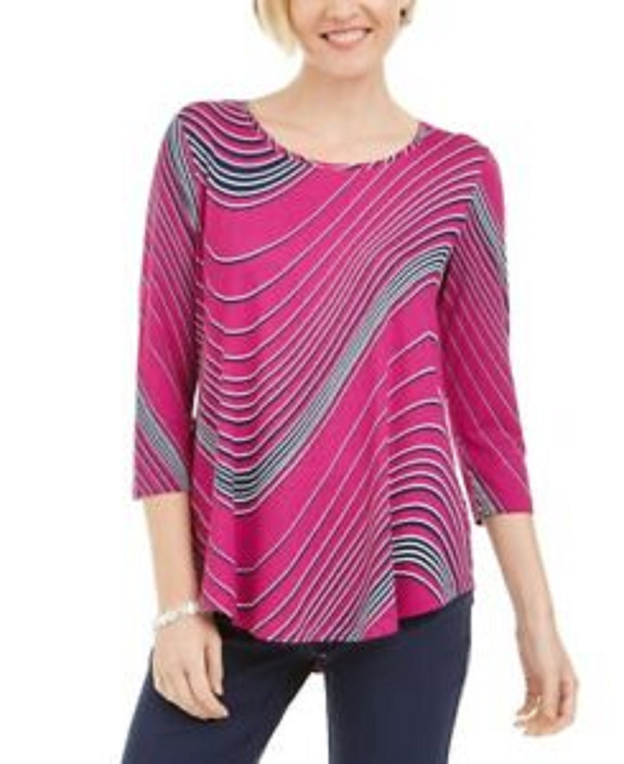 Camiseta feminina JM com estampa de redemoinho e manga 3/4, tamanho médio, vermelha, extra grande