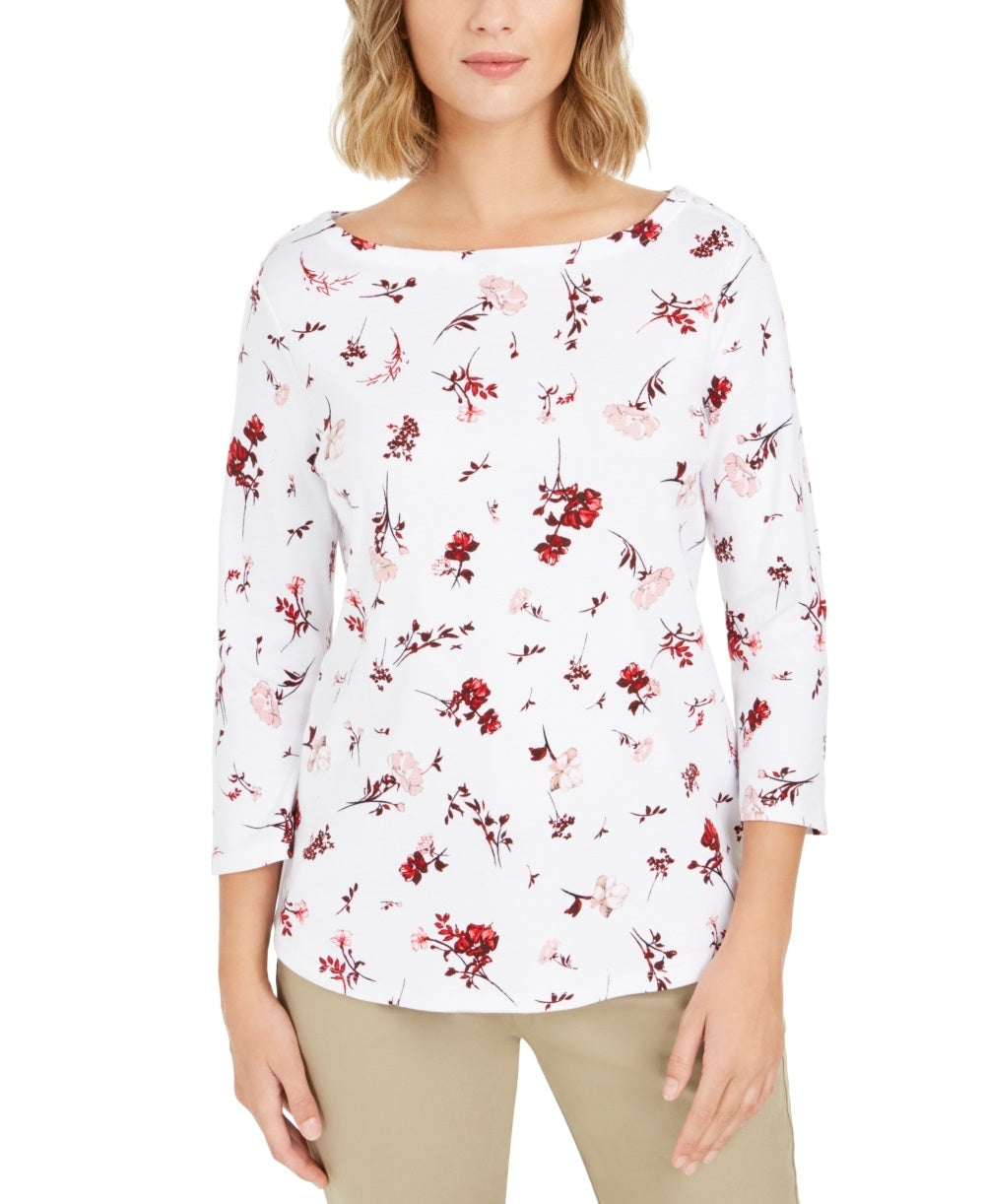 Camiseta feminina estampada de algodão pima Charter Club, branca, tamanho pequeno e pequeno