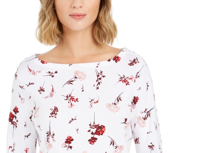 Camiseta feminina estampada de algodão pima Charter Club, branca, tamanho pequeno e pequeno
