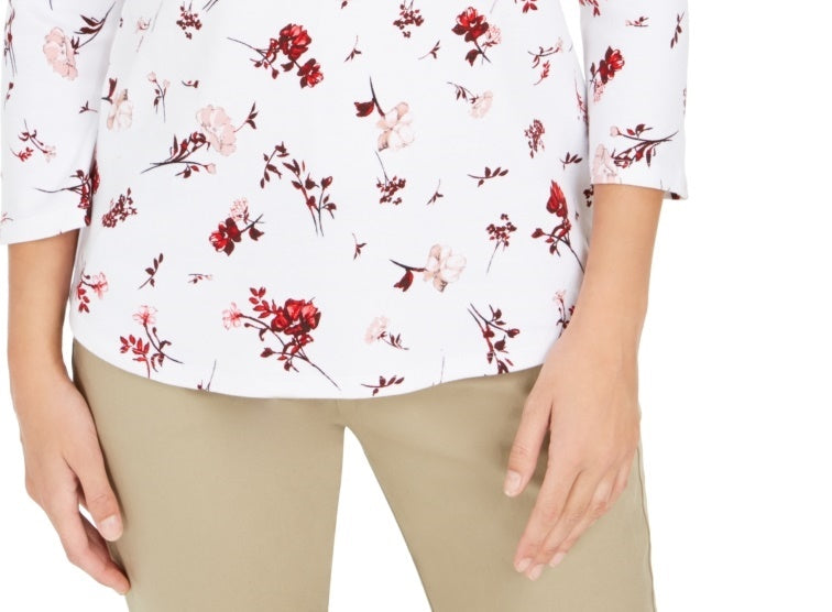 Camiseta feminina estampada de algodão pima Charter Club, branca, tamanho pequeno e pequeno