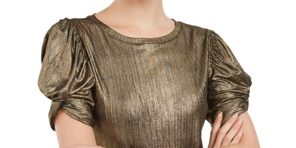 Blusa feminina com manga bufante metálica INC International Concepts, tamanho grande, dourada