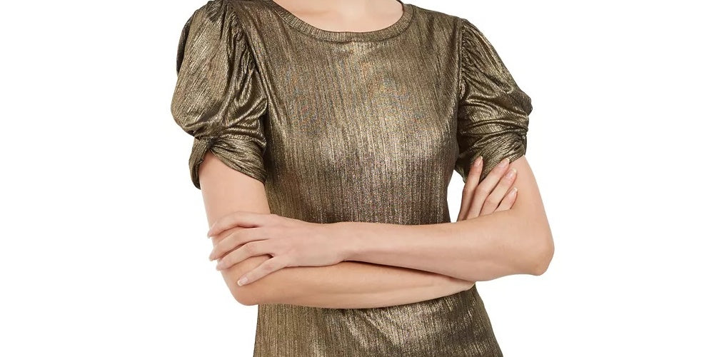 Blusa feminina com manga bufante metálica INC International Concepts, tamanho pequeno, dourada