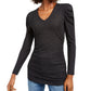 Blusa feminina franzida com decote em V e brilho, preta, tamanho grande, da INC International Concepts