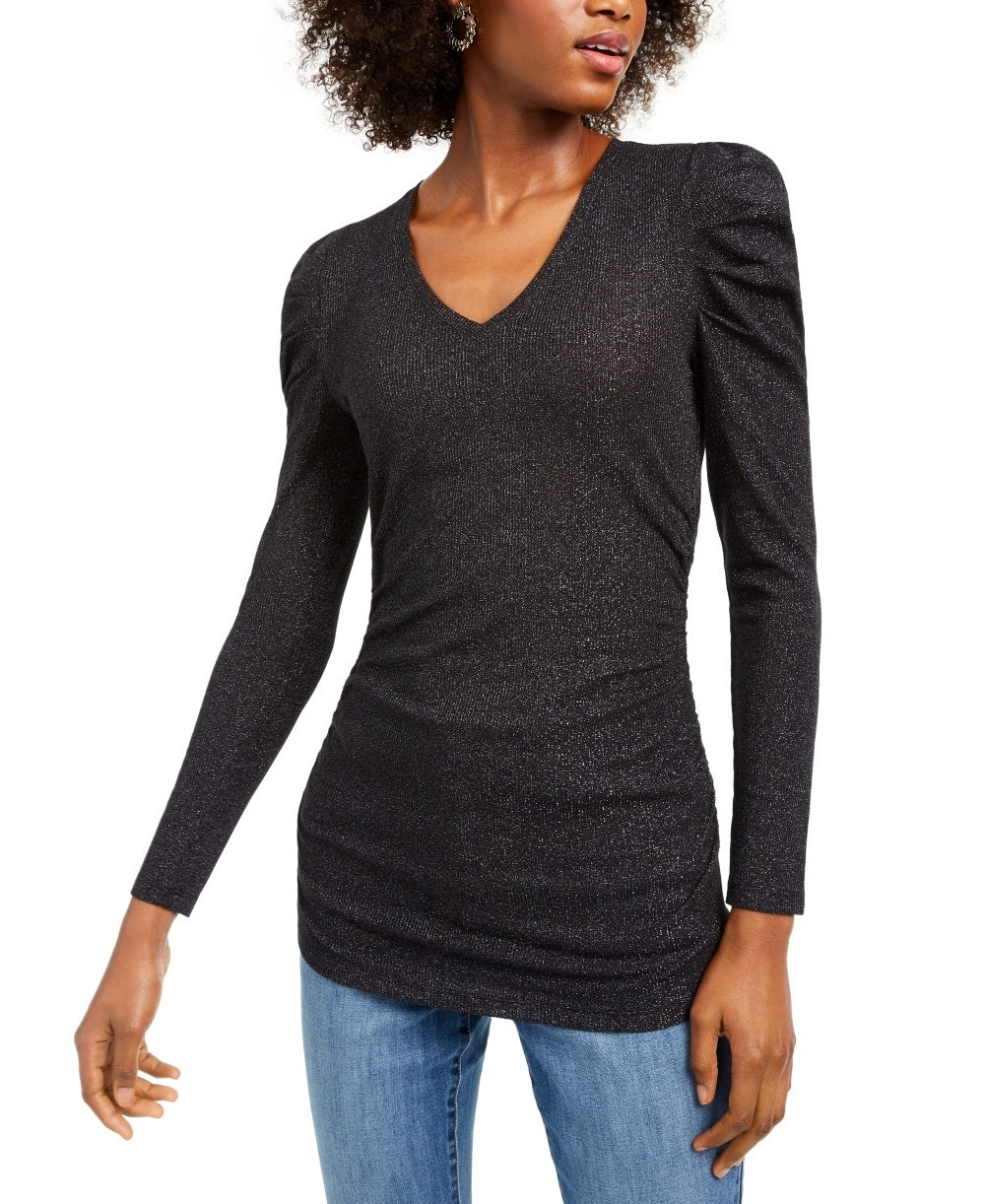 Blusa feminina franzida com decote em V e brilho, preta, tamanho grande, da INC International Concepts