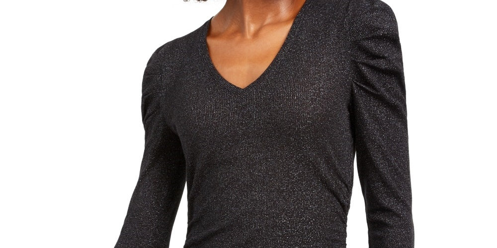 Blusa feminina franzida com decote em V e brilho, preta, tamanho grande, da INC International Concepts