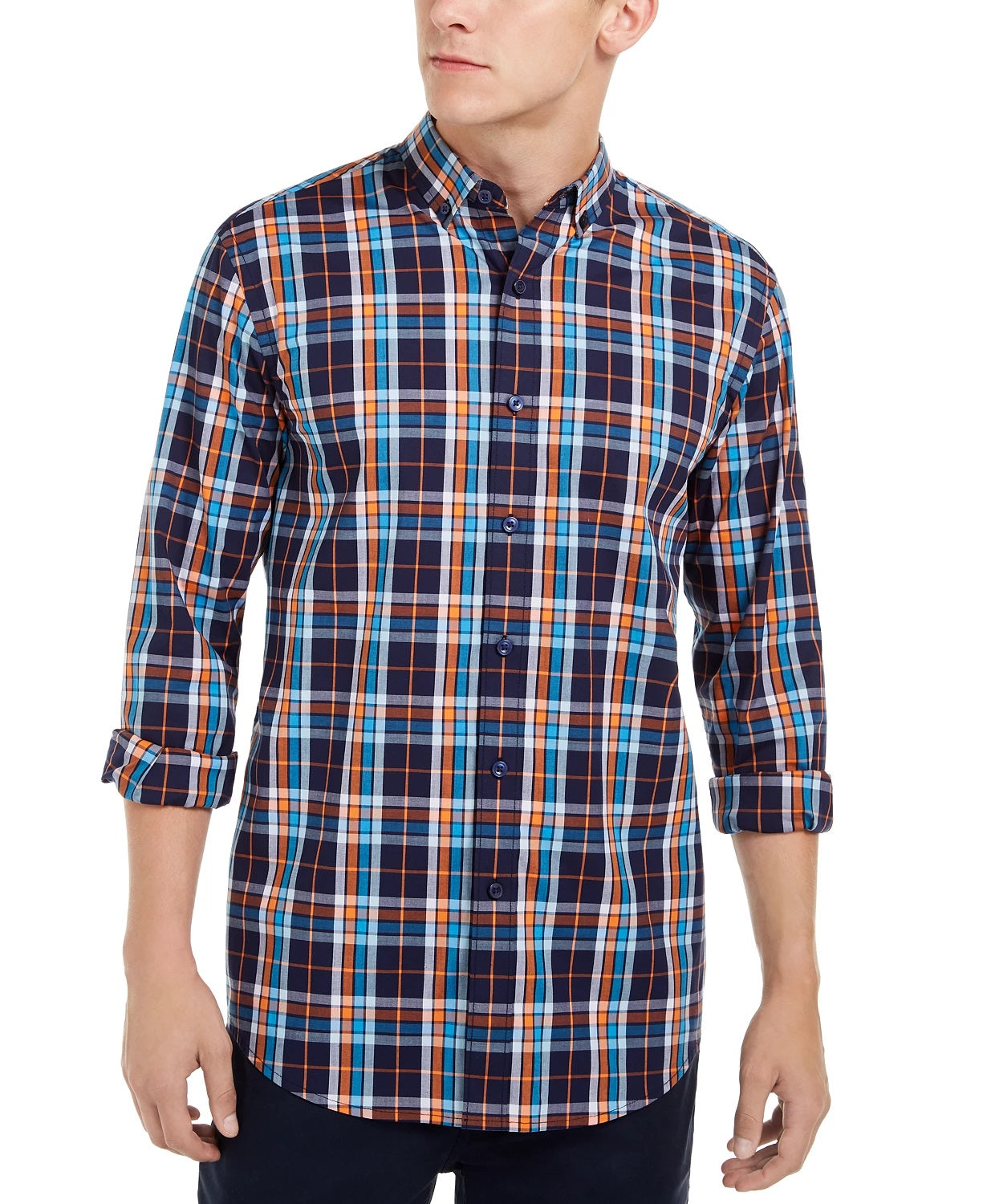 Camisa xadrez elástica masculina Club Room, azul marinho, tamanho pequeno