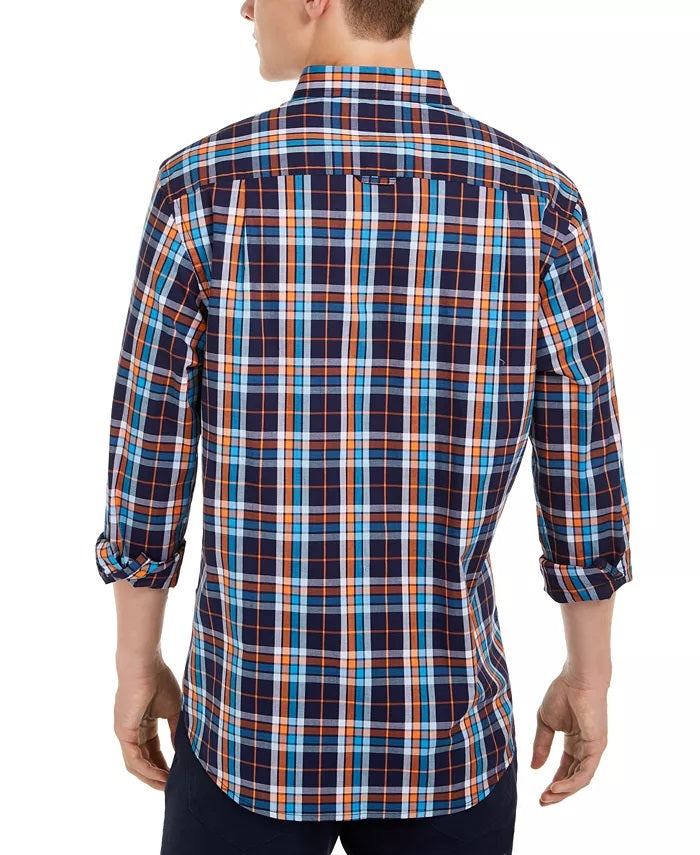 Camisa xadrez elástica masculina Club Room, azul marinho, tamanho pequeno