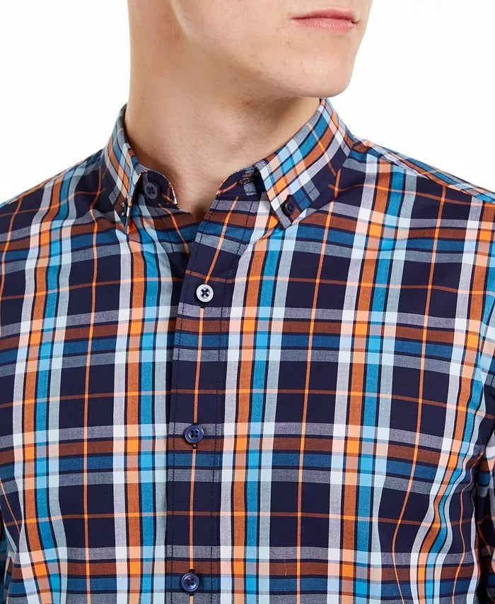 Camisa xadrez elástica masculina Club Room, azul marinho, tamanho pequeno