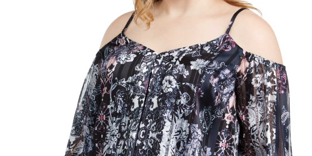 Blusa feminina estampada com ombros descobertos da INC International Concepts, azul-marinho, tamanho 0X