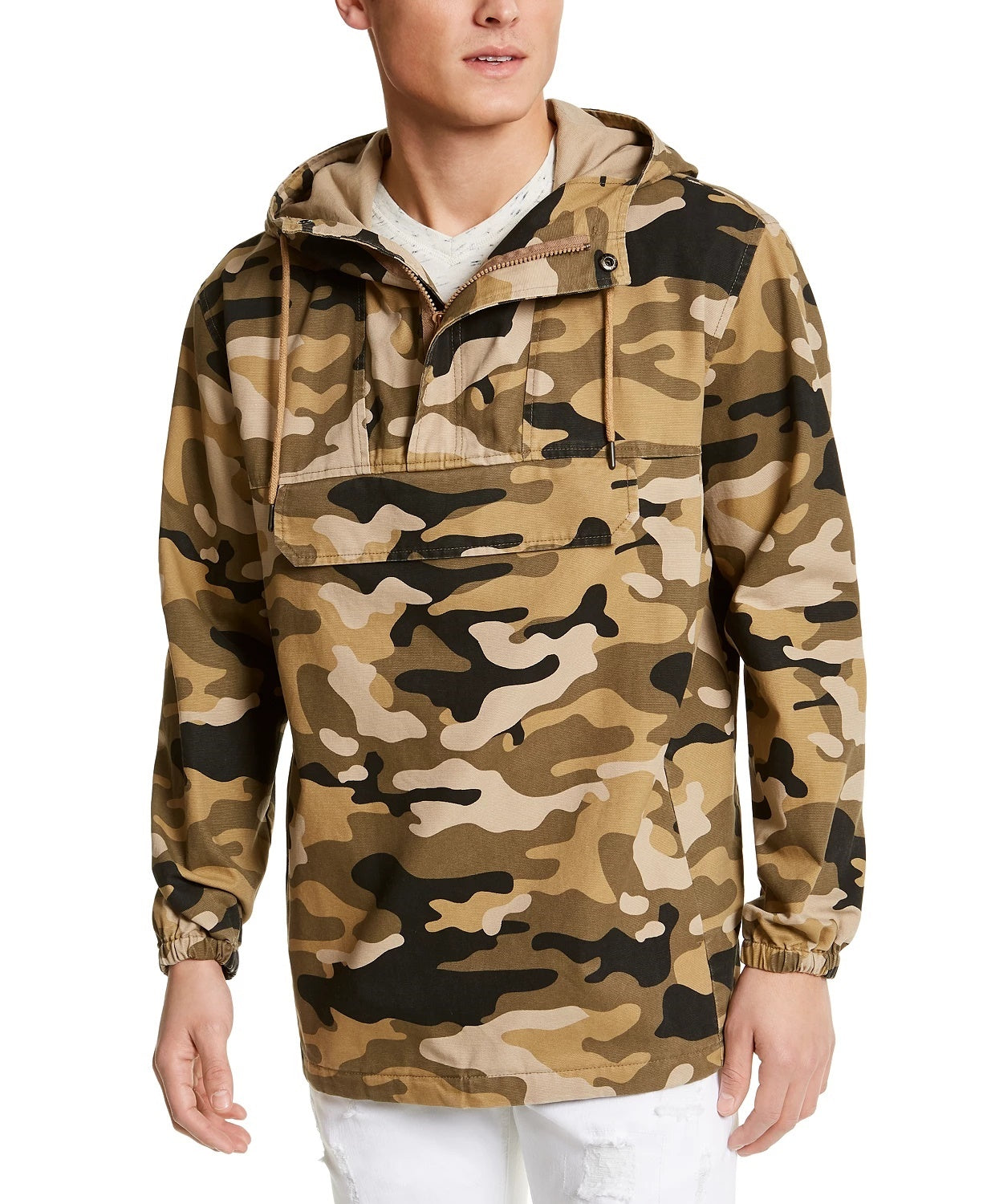 Suéter de algodão camuflado masculino Sun + Stone, manga comprida, ajuste clássico, zíper de um quarto, bege, tamanho grande