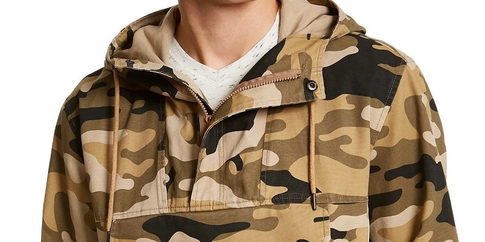 Suéter de algodão camuflado masculino Sun + Stone, manga comprida, ajuste clássico, zíper de um quarto, bege, tamanho grande