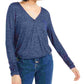 Blusa feminina Bar III com recorte de manga comprida e decote em V, tamanho médio, azul marinho