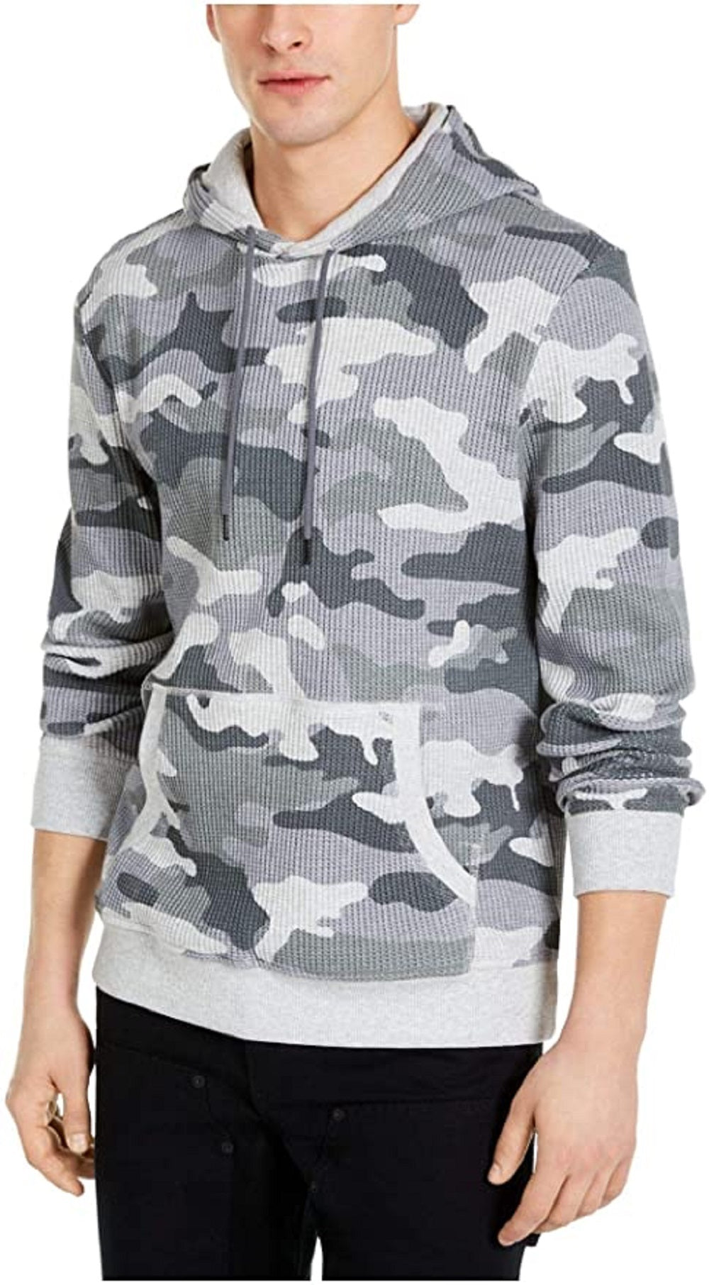 Suéter masculino Sun + Stone cinza camuflado, manga comprida, gola redonda, cordão, tamanho médio