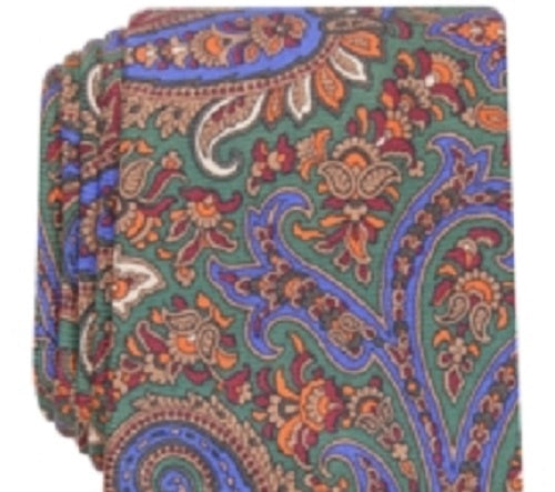 Gravata fina masculina Tasso Elba verde oliva com estampa paisley, tamanho regular