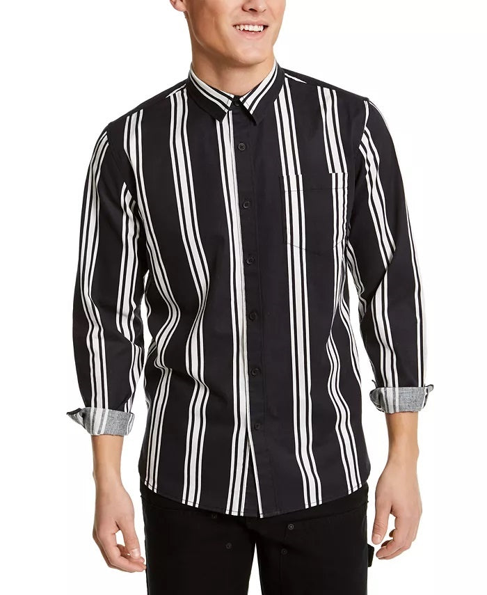 Camisa social masculina listrada com gola clássica e ajuste fino, preta, tamanho XX-G