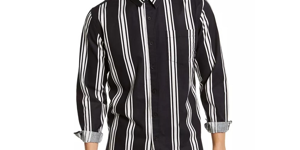 Camisa social masculina listrada com gola clássica e ajuste fino, preta, tamanho XX-G