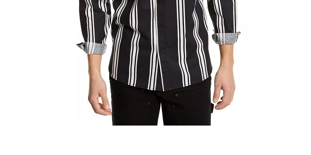 Camisa social masculina listrada com gola clássica e ajuste fino, preta, tamanho XX-G
