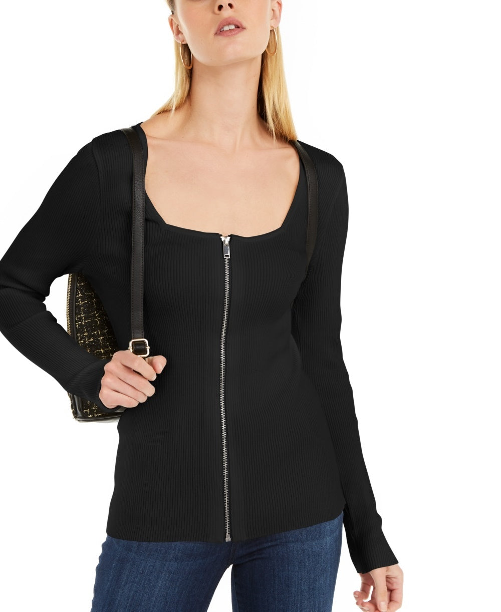 Suéter feminino com gola quadrada e zíper frontal da INC International Concepts, preto, tamanho grande