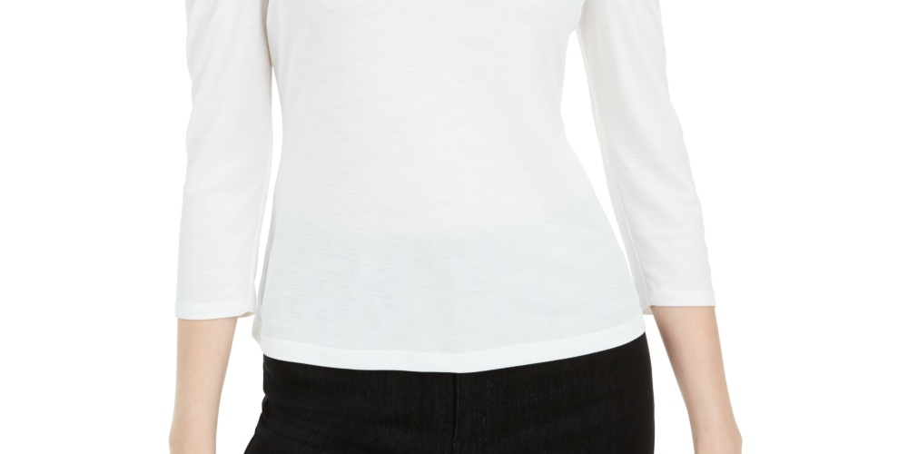 Blusa feminina Bar III com manga bufante e acabamento em malha, branca, tamanho pequeno