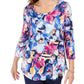 Camiseta feminina estampada Ascension Flora com manga 3/4, azul, tamanho médio, da JM Collection