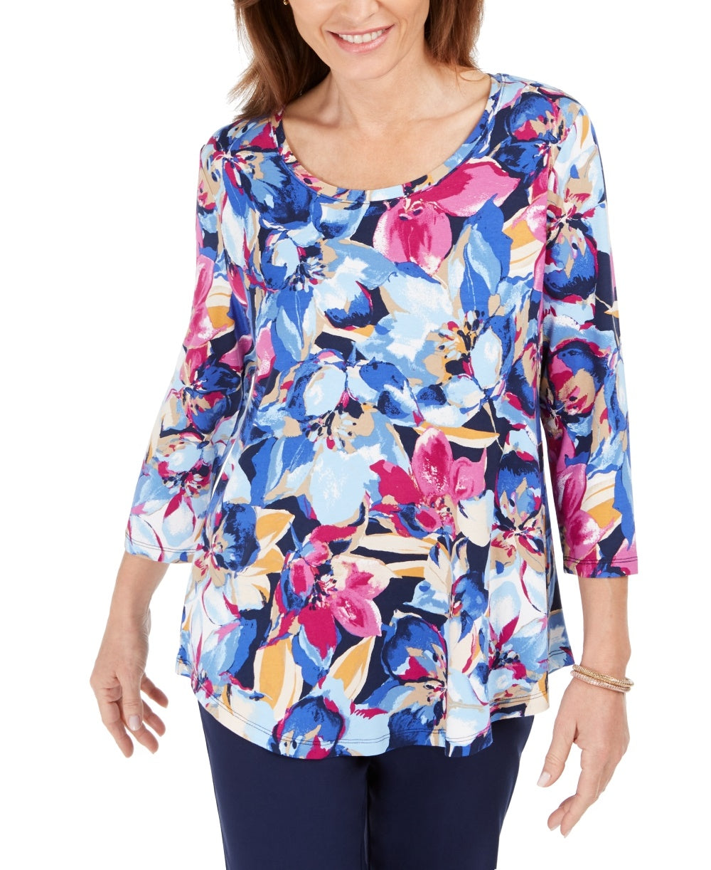 Camiseta feminina estampada Ascension Flora com manga 3/4, azul, tamanho médio, da JM Collection