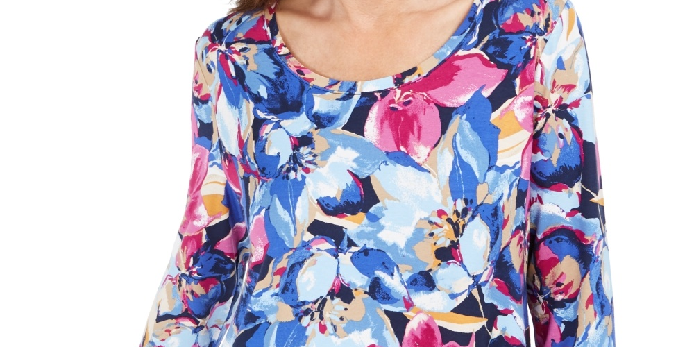 Camiseta feminina estampada Ascension Flora com manga 3/4, azul, tamanho médio, da JM Collection