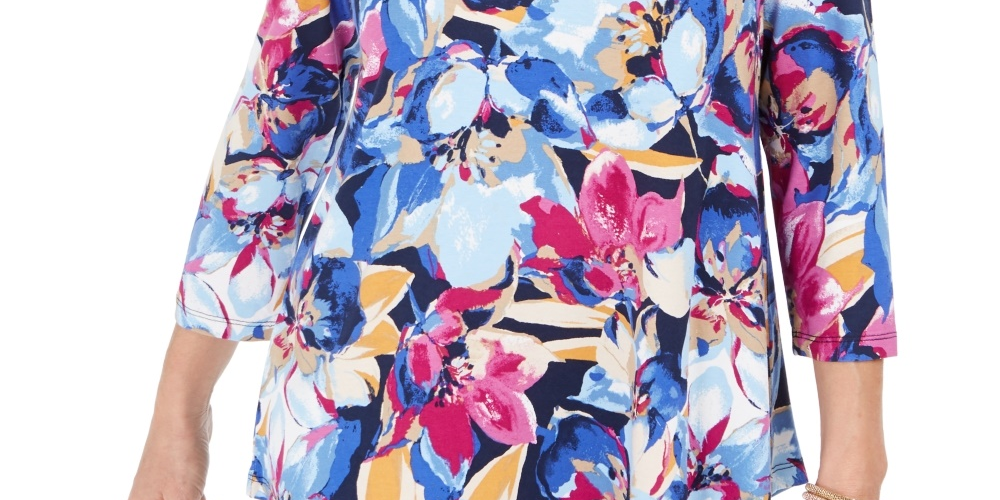 Camiseta feminina estampada Ascension Flora com manga 3/4, azul, tamanho médio, da JM Collection