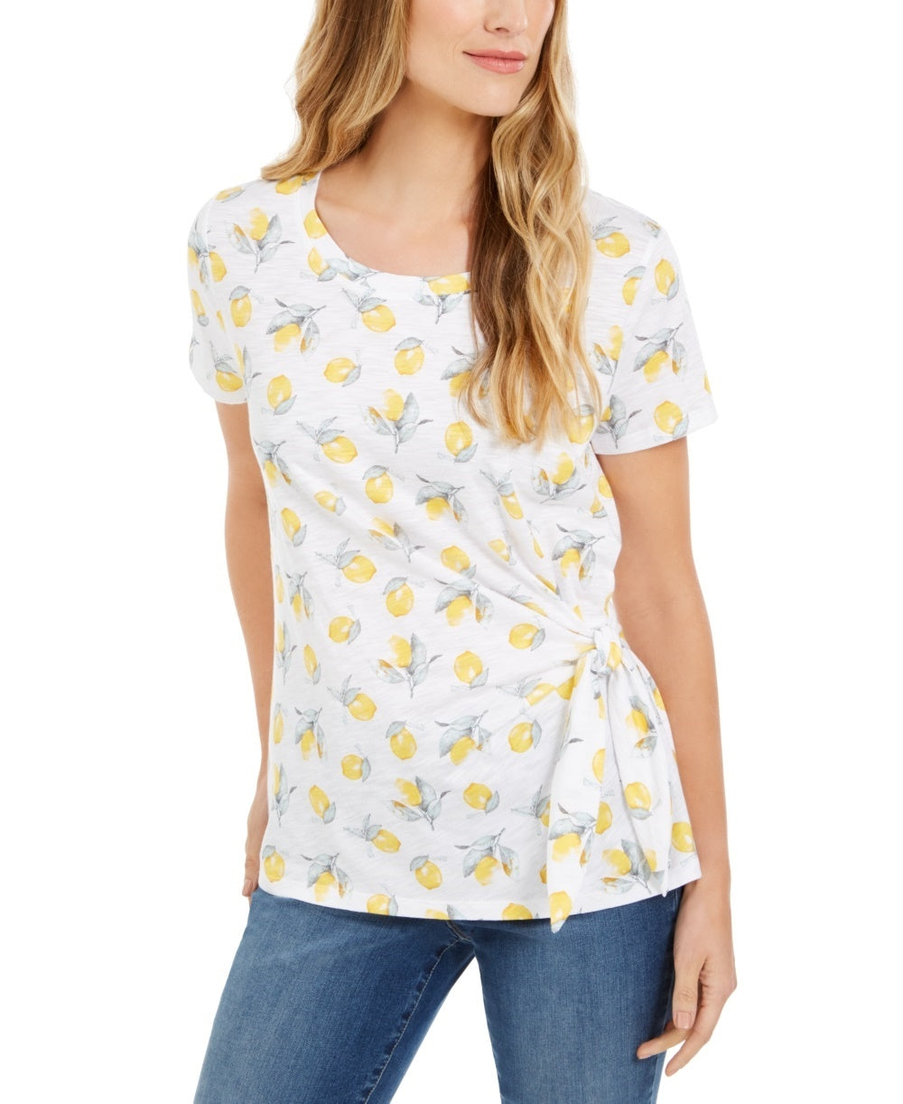 Camiseta feminina estampada com amarração lateral, tamanho pequeno, amarela, estilo &amp; co