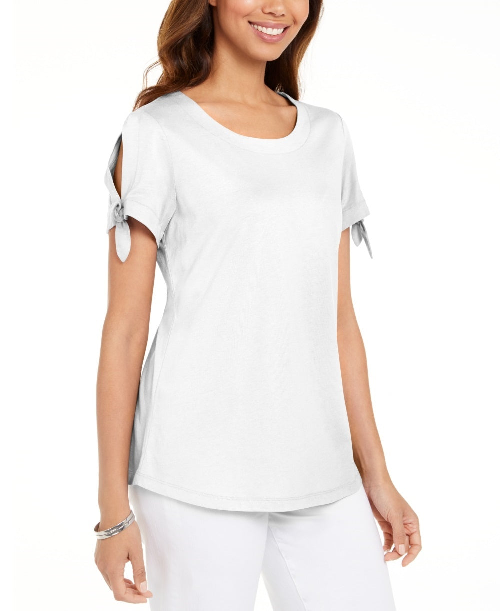 Camiseta feminina Karen Scott com manga amarrada, branca, tamanho GG