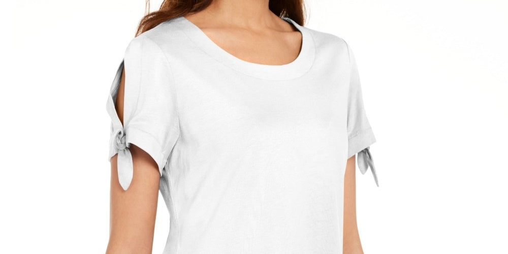 Camiseta feminina Karen Scott com manga amarrada, branca, tamanho GG