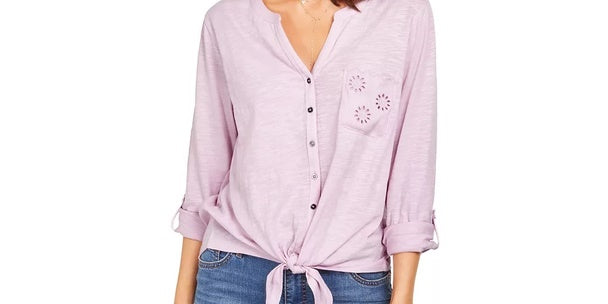 Blusa feminina com bolso e ilhós e amarração frontal, estilo &amp; co, roxa, tamanho médio