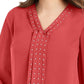 Blusa plissada com tachas lisas da coleção JM para mulheres, vermelha, tamanho pequeno