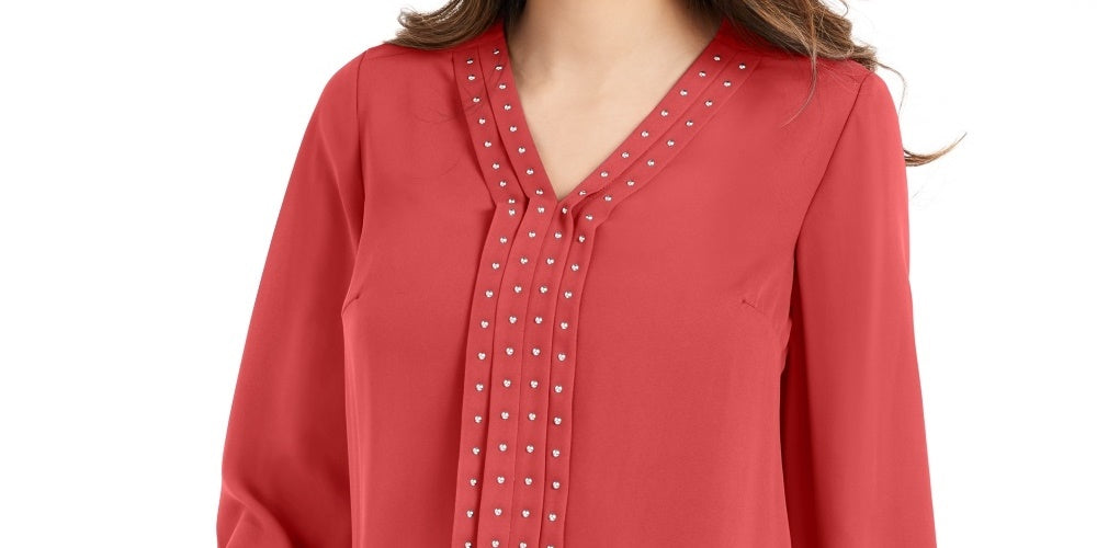 Blusa plissada com tachas lisas da coleção JM para mulheres, vermelha, tamanho pequeno