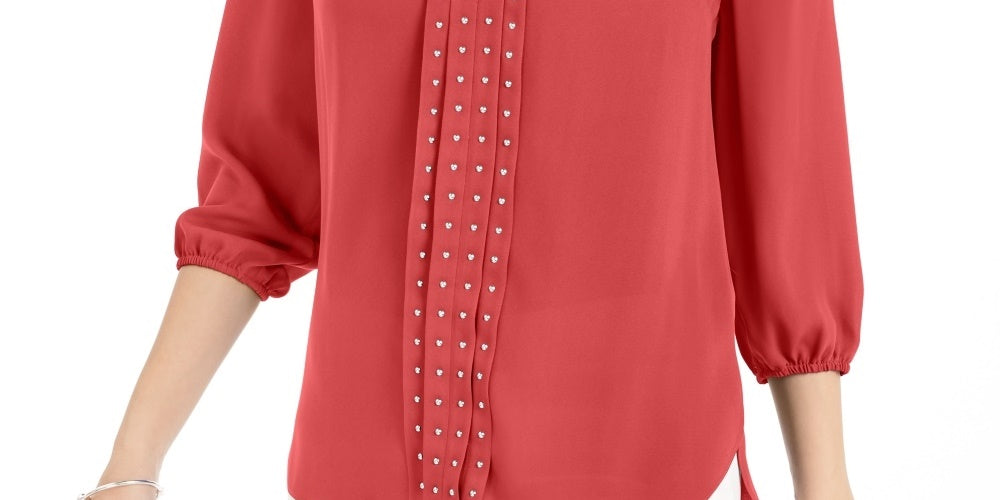 Blusa plissada com tachas lisas da coleção JM para mulheres, vermelha, tamanho pequeno