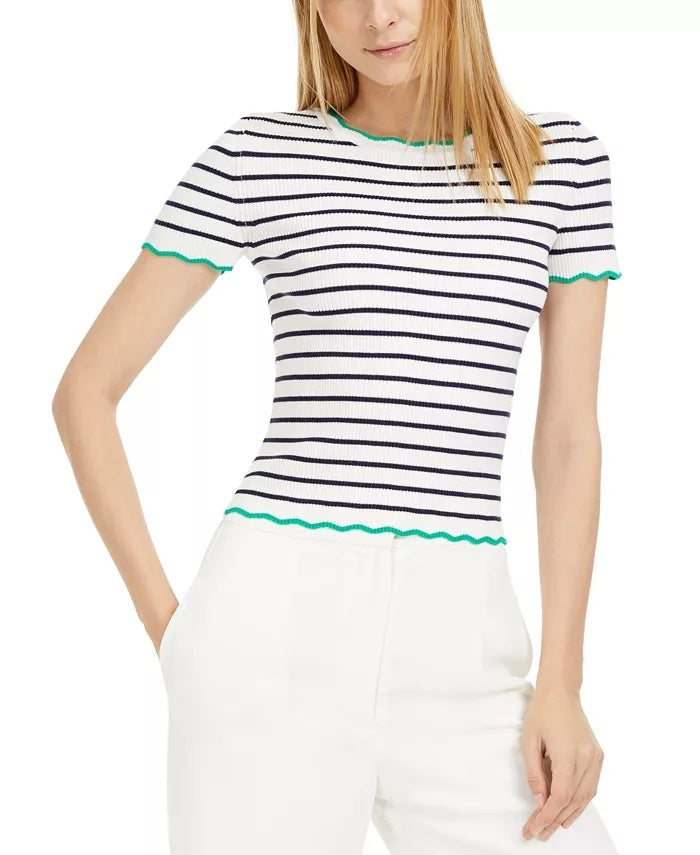 Suéter listrado de gola redonda feminino Maison Jules, branco, tamanho grande