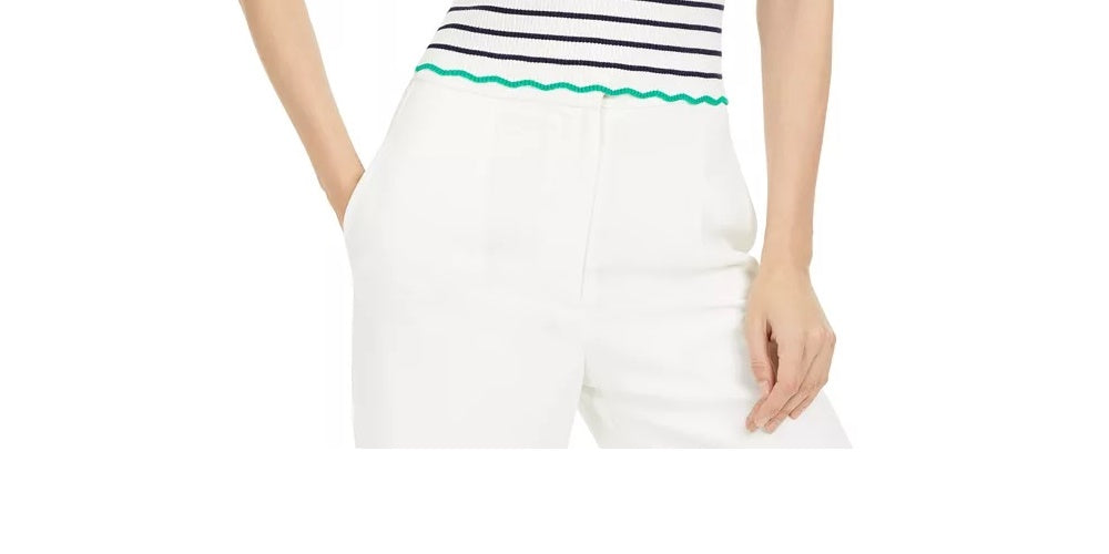 Suéter listrado de gola redonda feminino Maison Jules, branco, tamanho grande