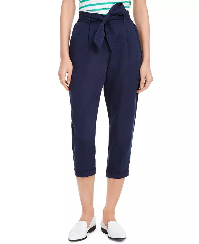 Calça cropped feminina Maison Jules azul marinho com cinto, tamanho pequeno