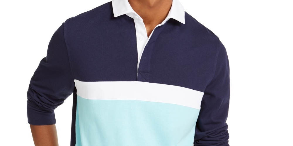 Camisa polo masculina de manga comprida com listras no peito Club Room, azul, tamanho pequeno