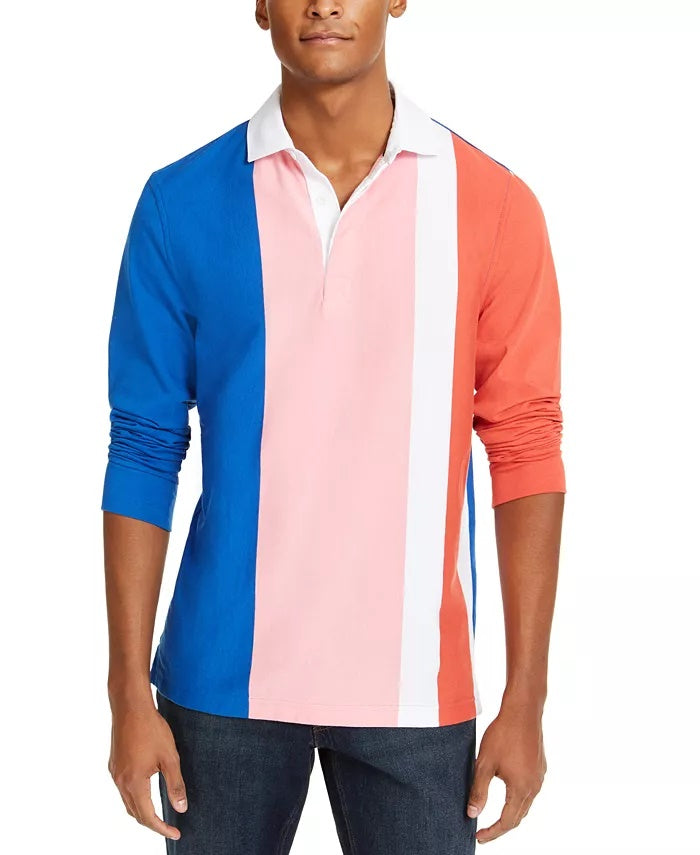 Camisa de rugby masculina com listras verticais e manga comprida, rosa, tamanho extragrande