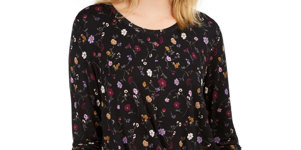 Blusa feminina com estampa floral e frente torcida, preta, tamanho extrapequeno, da Style &amp; Co