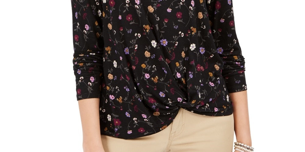 Blusa feminina com estampa floral e frente torcida, preta, tamanho extrapequeno, da Style &amp; Co