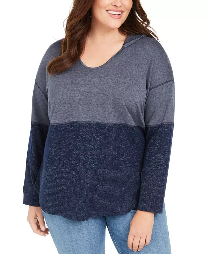 Moletom com capuz feminino plus size com blocos de cores estilo &amp; co, azul, tamanho 0X