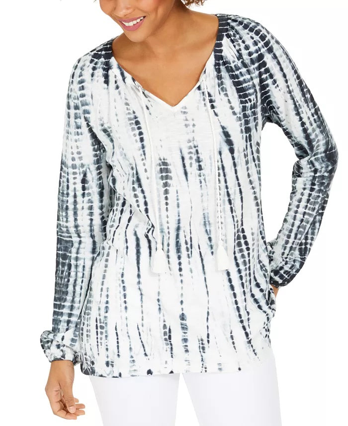 Blusa estilo camponesa com manga bufante e tie-dye, preta, tamanho X-S